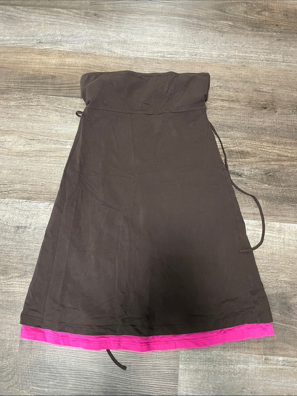 Strapless Brown Dress with Bright Pink Hem